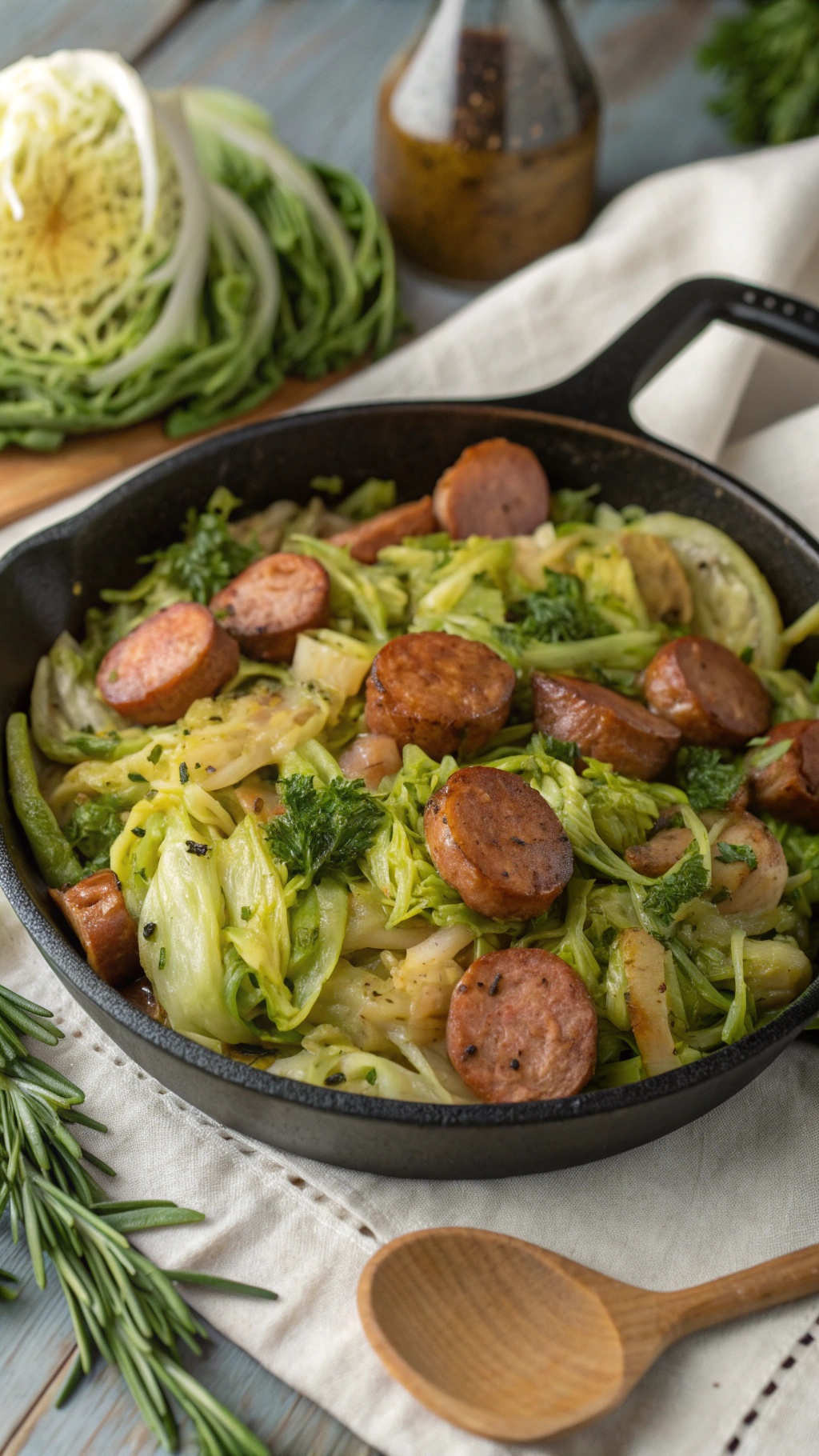 A skillet filled with crunchy cabbage and sliced sausage, garnished with herbs.