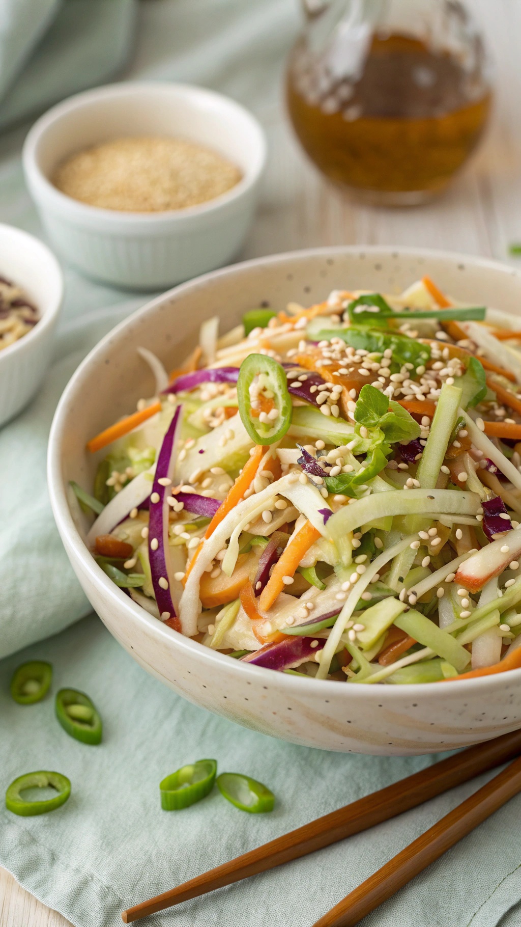 A vibrant bowl of crunchy cabbage slaw with colorful vegetables and sesame seeds, served with chopsticks.