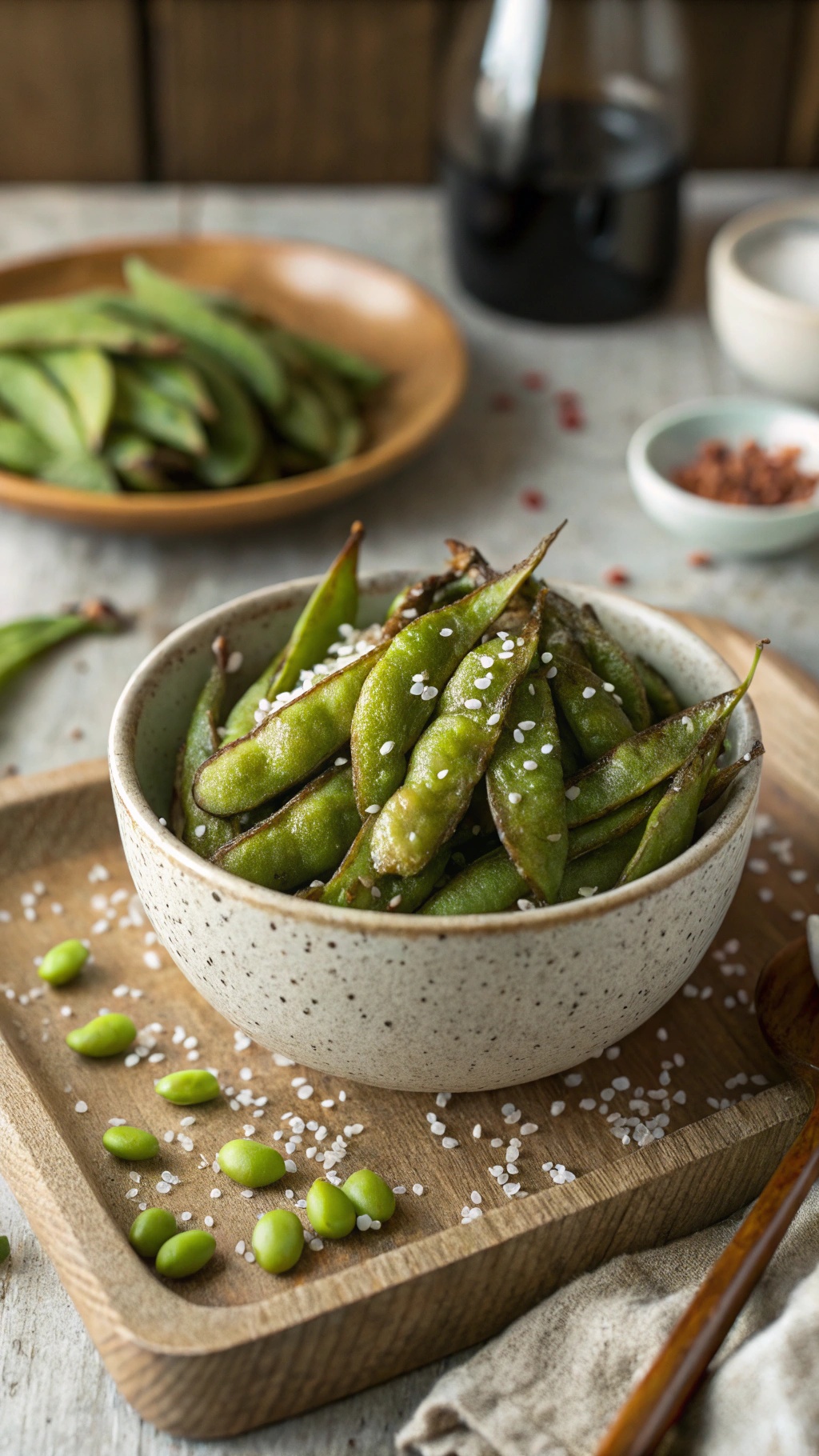 A bowl of crunchy roasted edamame sprinkled with sea salt, surrounded by fresh edamame pods and seasonings.