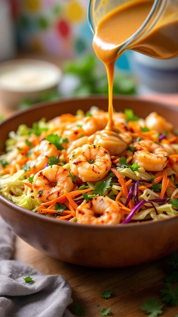 A bowl of crunchy shrimp and cabbage salad with peanut dressing being poured over it.