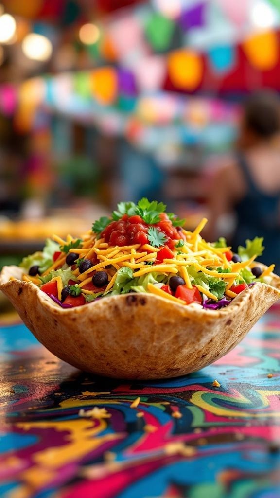 A colorful taco salad served in a crispy tortilla bowl, topped with salsa and cilantro.