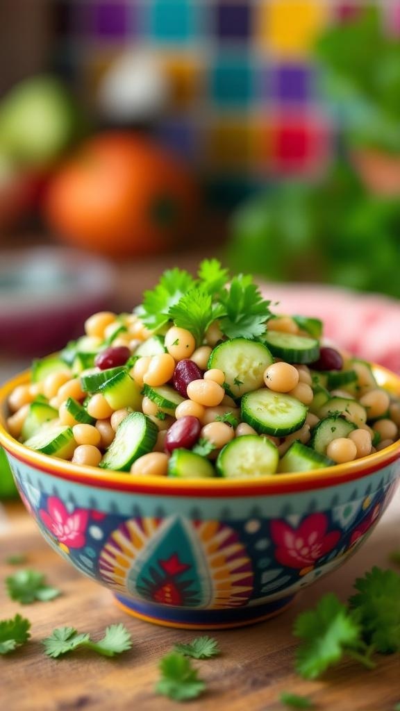 A colorful bowl of cucumber and bean salad topped with cilantro, surrounded by fresh ingredients.