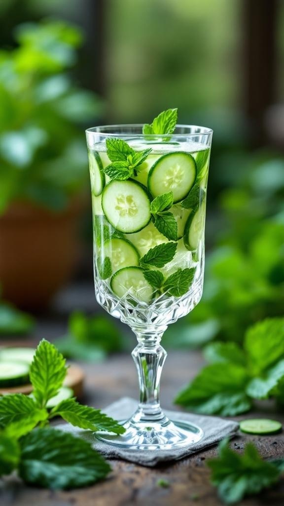 A refreshing cucumber mint detox drink in a crystal glass, garnished with cucumber slices and mint leaves.