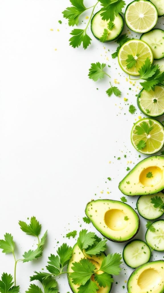 A vibrant arrangement of sliced cucumbers, avocados, and lime, garnished with fresh herbs.