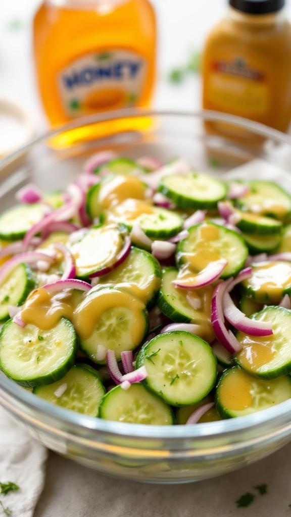A bowl of cucumber salad with honey mustard dressing, featuring sliced cucumbers and red onions, with honey and mustard bottles in the background.