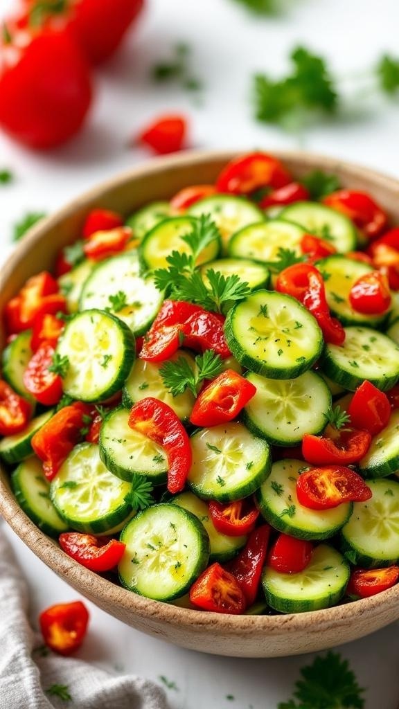 A bowl of cucumber salad with roasted red peppers, garnished with parsley.