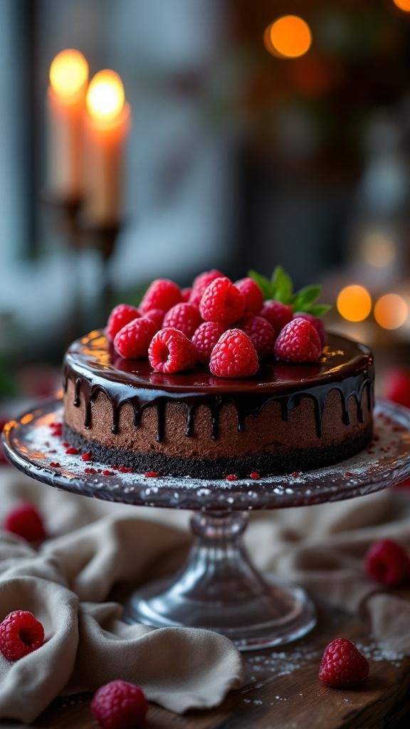 A dark chocolate raspberry cheesecake topped with fresh raspberries, displayed on a glass cake stand with soft lighting.