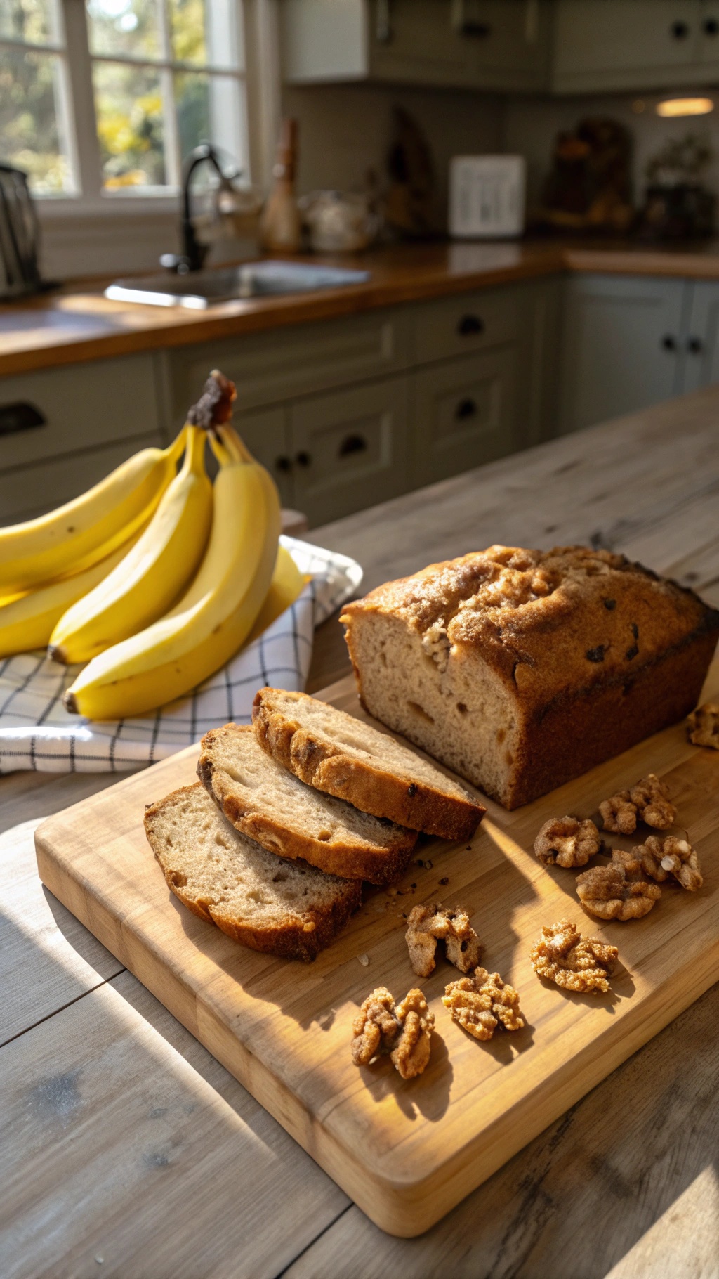 A loaf of banana bread sliced on a wooden cutting board, with whole bananas and walnuts nearby.