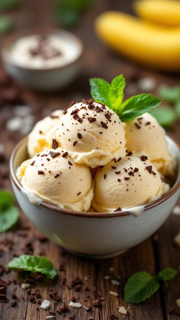 A bowl of banana ice cream topped with chocolate shavings and mint leaves.