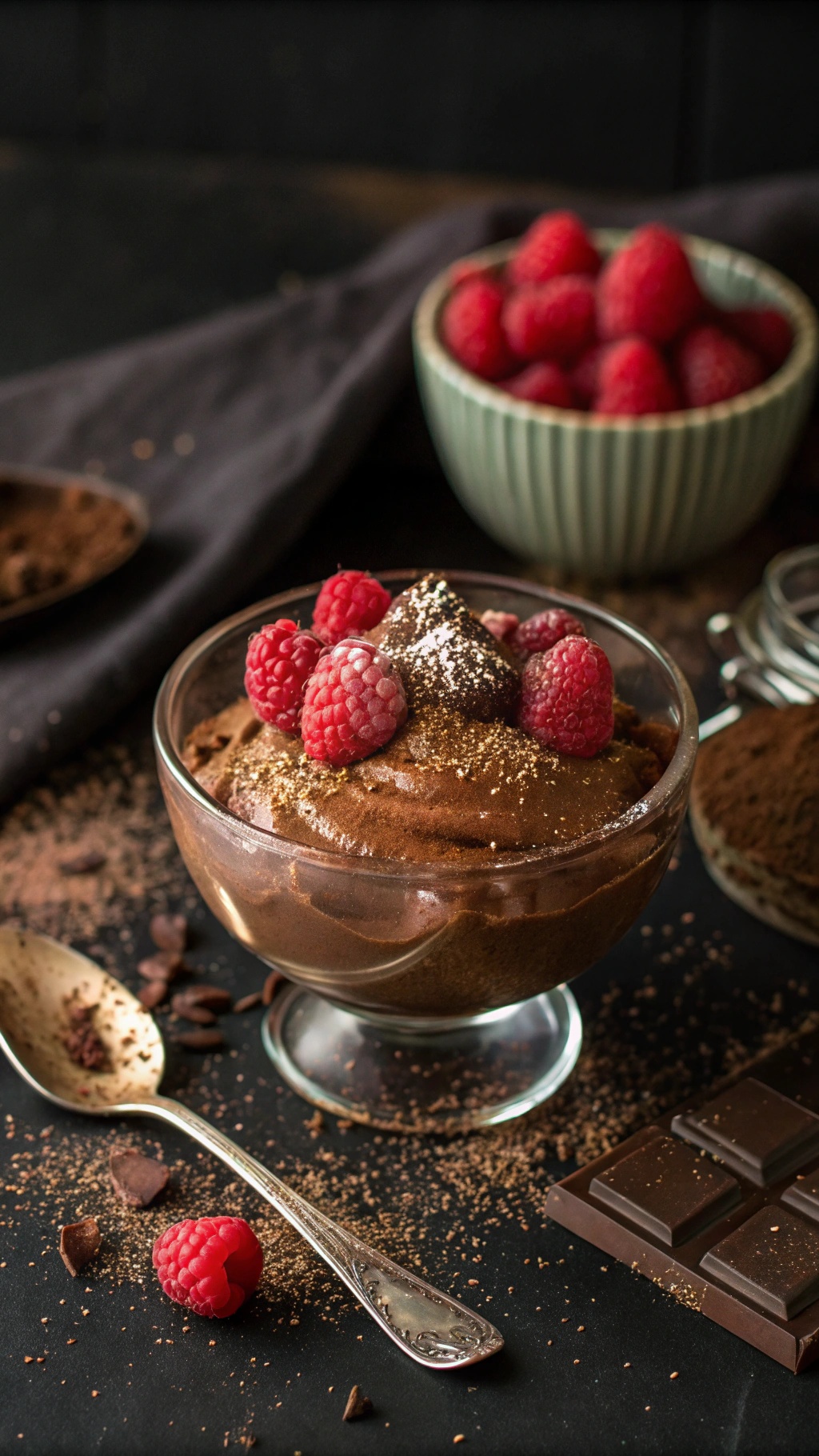 A bowl of chocolate avocado pudding topped with fresh raspberries and cocoa powder, with chocolate pieces and a spoon on the side.