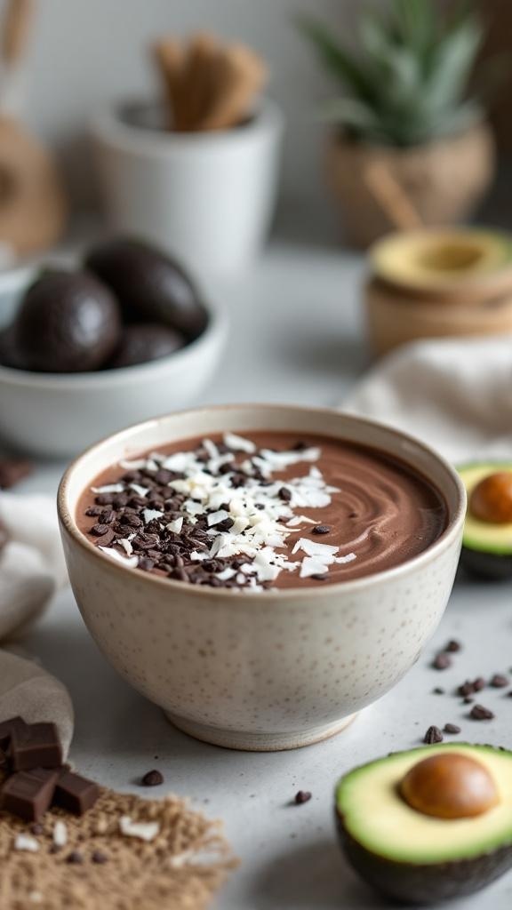 A bowl of chocolate avocado smoothie topped with chocolate shavings and coconut flakes, surrounded by fresh avocados and chocolate pieces.
