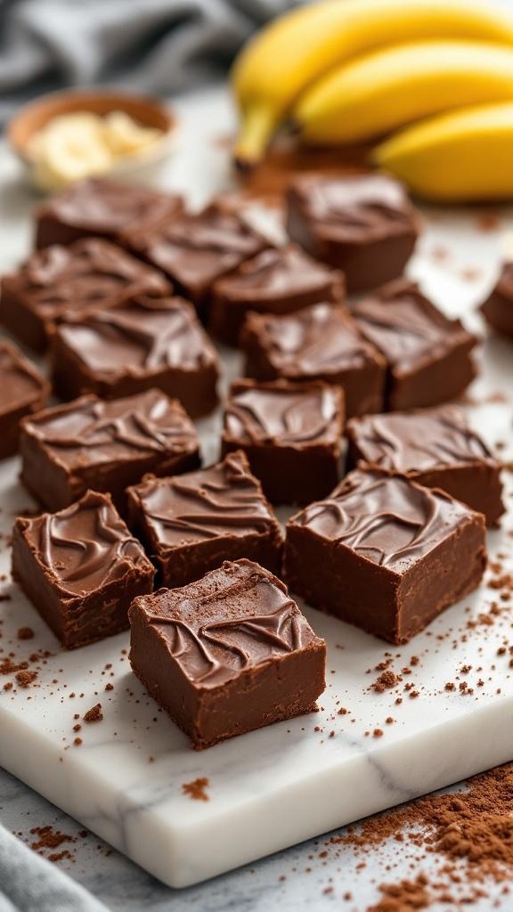 Chocolate banana fudge squares on a marble surface with bananas in the background.