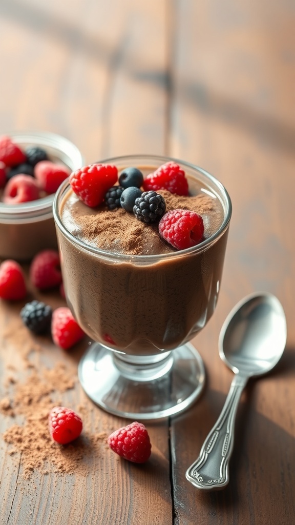 A glass of chocolate chia pudding topped with fresh berries, placed on a wooden table.
