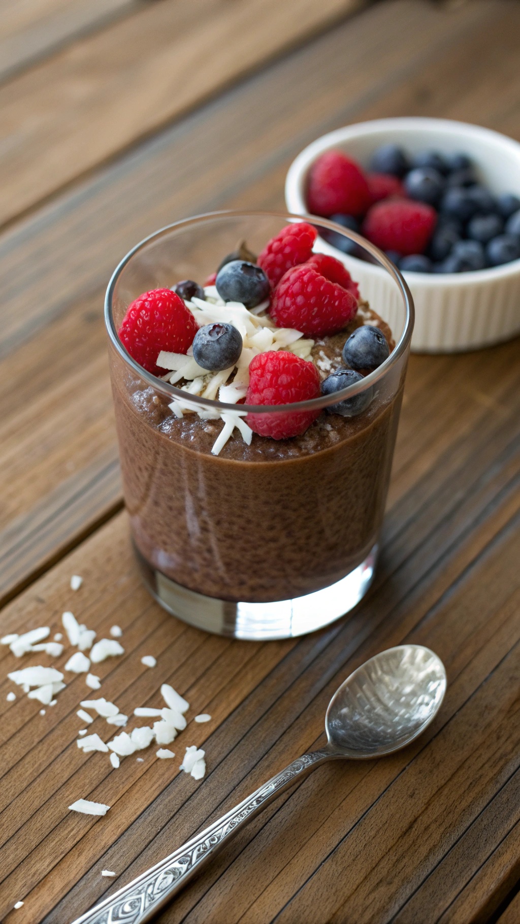 A glass of chocolate chia seed pudding topped with raspberries and blueberries, with a spoon beside it.