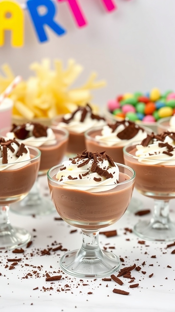 Chocolate mousse cups decorated with whipped cream and chocolate shavings, set against a festive background.