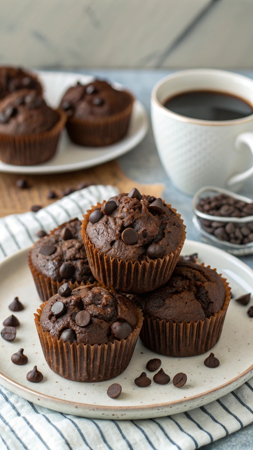 A plate of chocolate protein muffins topped with chocolate chips, with a cup of coffee in the background.