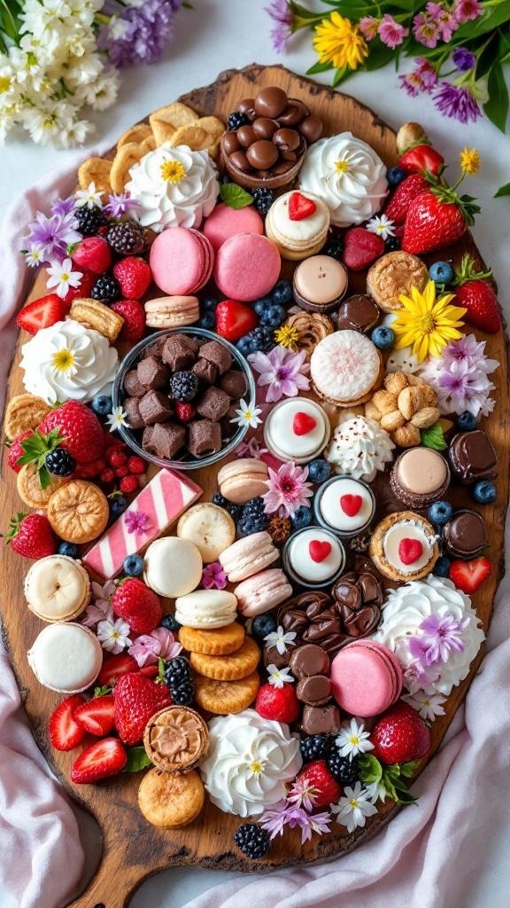 A beautifully arranged dessert board featuring macarons, chocolates, fresh berries, and edible flowers.