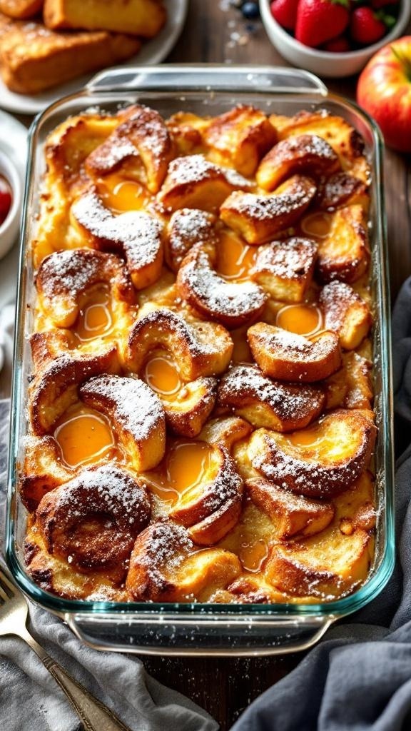 A delicious French toast casserole topped with powdered sugar, served with fresh berries.
