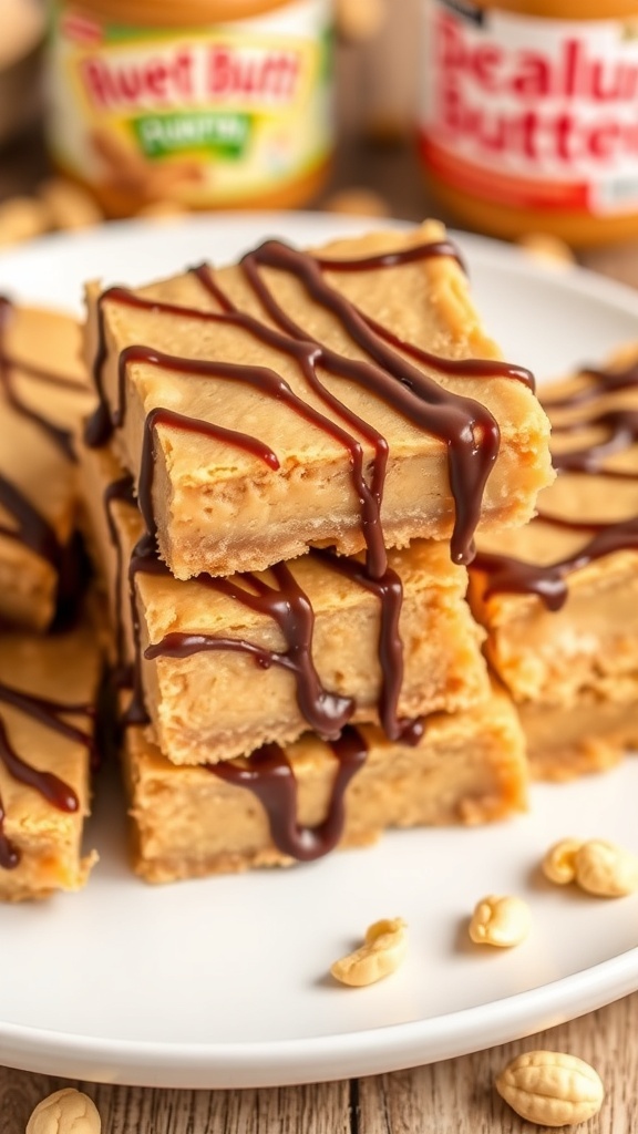A stack of no-bake peanut butter bars drizzled with chocolate, with a jar of peanut butter in the background.
