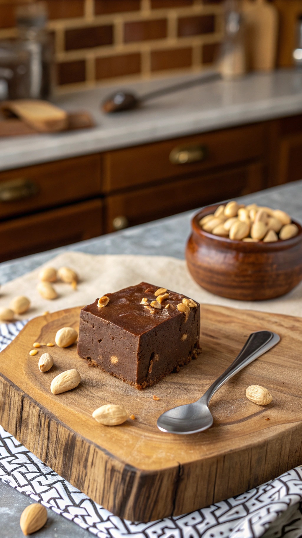 A square of peanut butter chocolate fudge on a wooden board, surrounded by peanuts and a spoon.