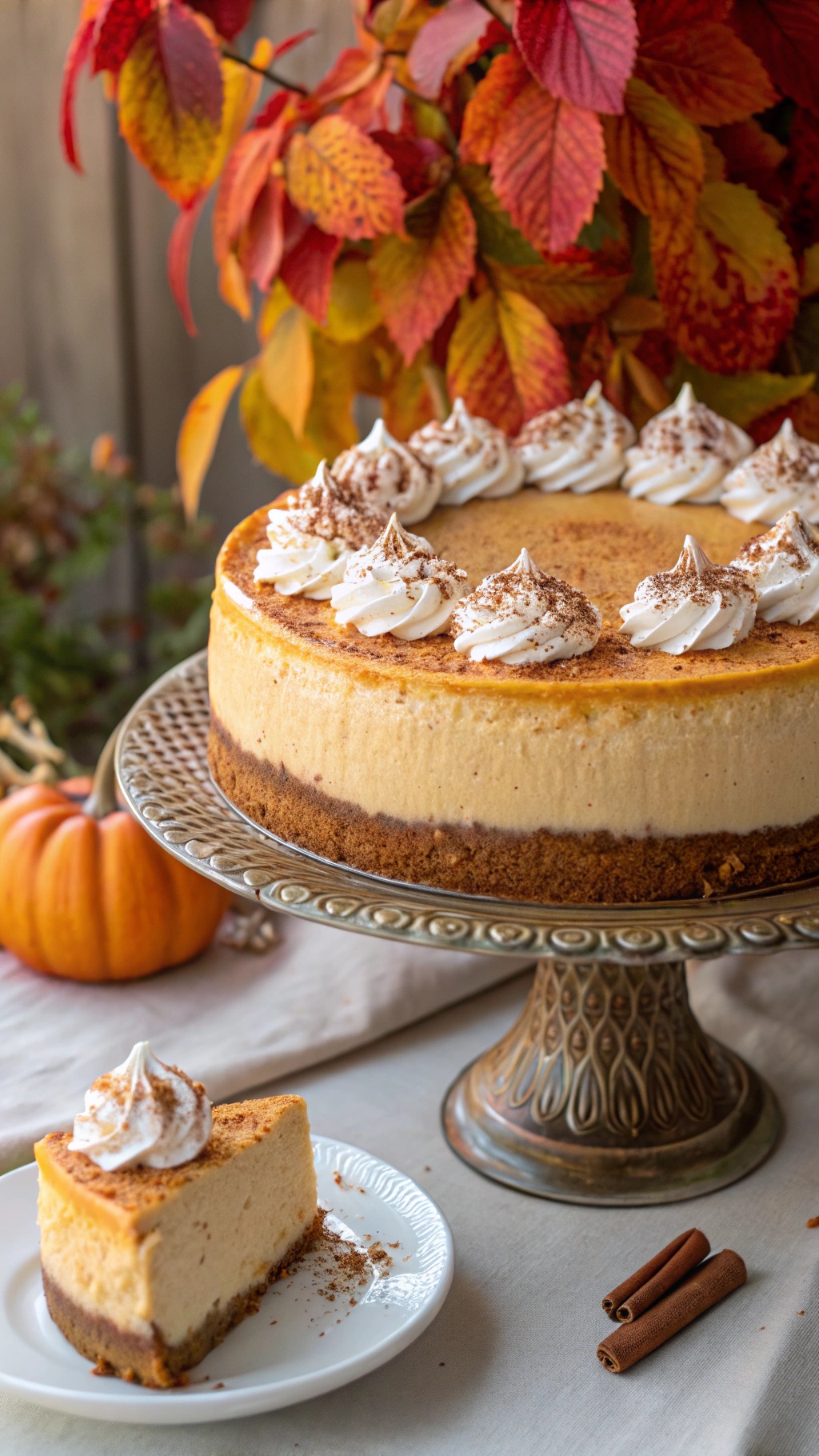 A beautifully decorated pumpkin cheesecake with whipped cream and autumn leaves in the background.
