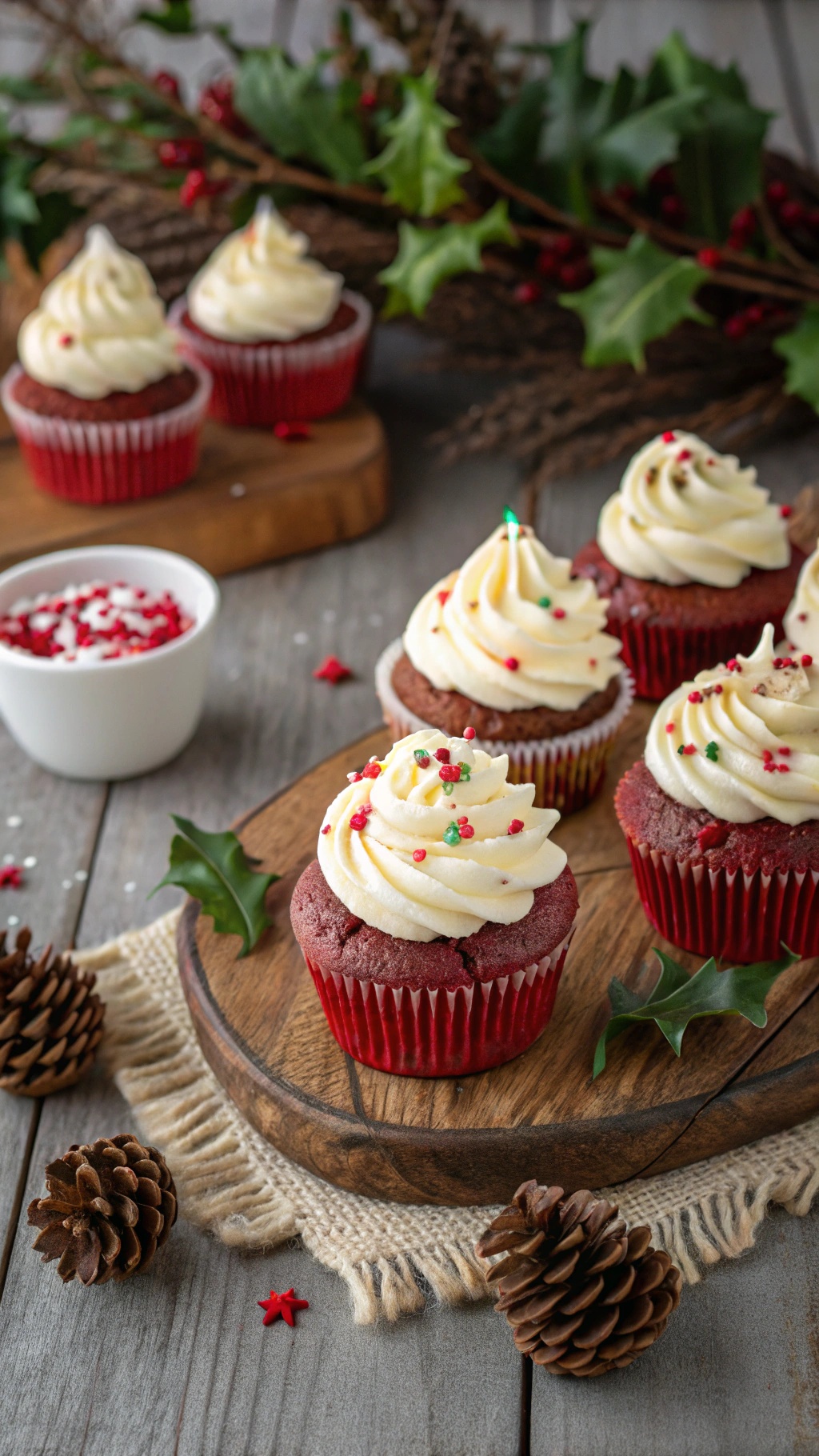Red velvet cupcakes with cream cheese frosting and festive decorations