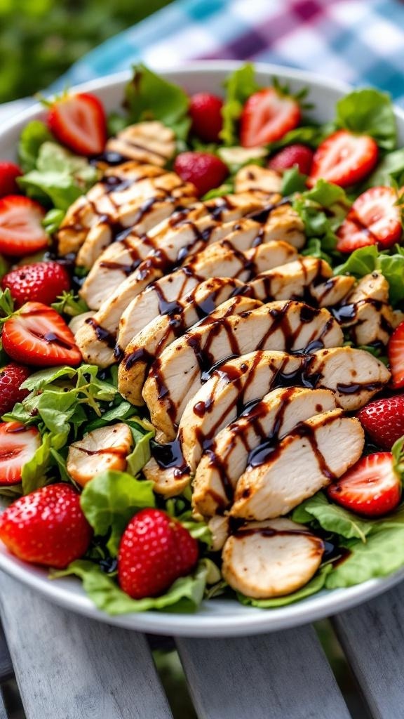A vibrant salad featuring sliced grilled chicken, fresh strawberries, and greens drizzled with balsamic glaze.