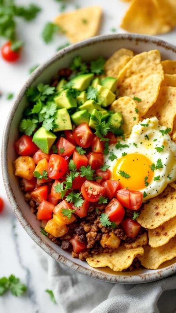 A colorful breakfast taco bowl with eggs, avocado, tomatoes, and tortilla chips.
