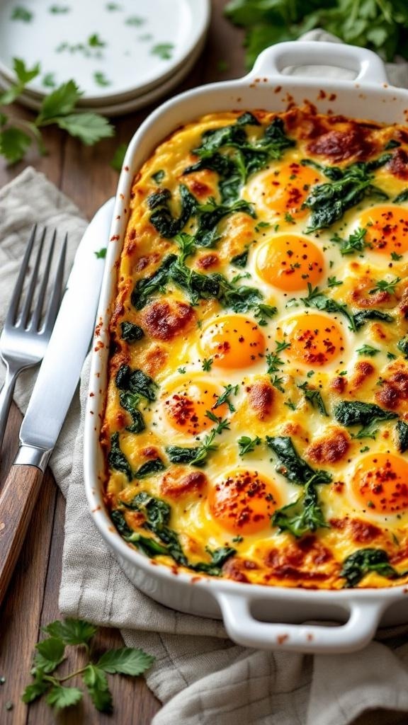 Egg and Spinach Breakfast Casserole with golden yolks and fresh greens