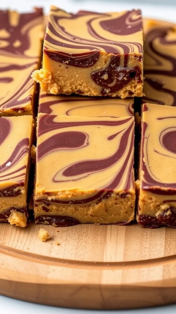No-bake peanut butter chocolate swirl bars on a wooden platter.
