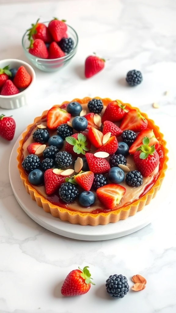 A beautiful berry almond tart topped with strawberries, blueberries, and blackberries, surrounded by fresh berries on a marble surface.