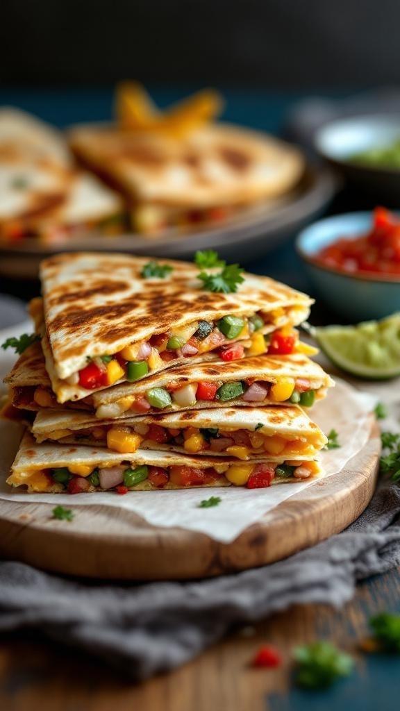 A stack of vegetable quesadillas filled with colorful veggies, served with salsa and guacamole.