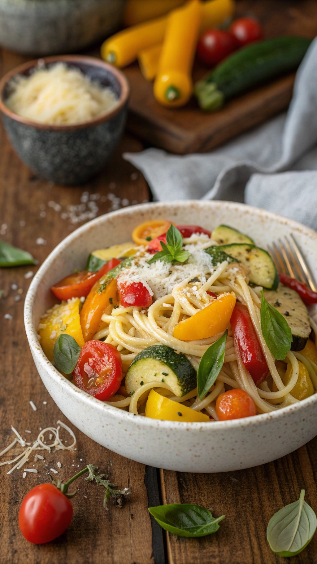 A bowl of pasta primavera with seasonal vegetables like zucchini, cherry tomatoes, and bell peppers.