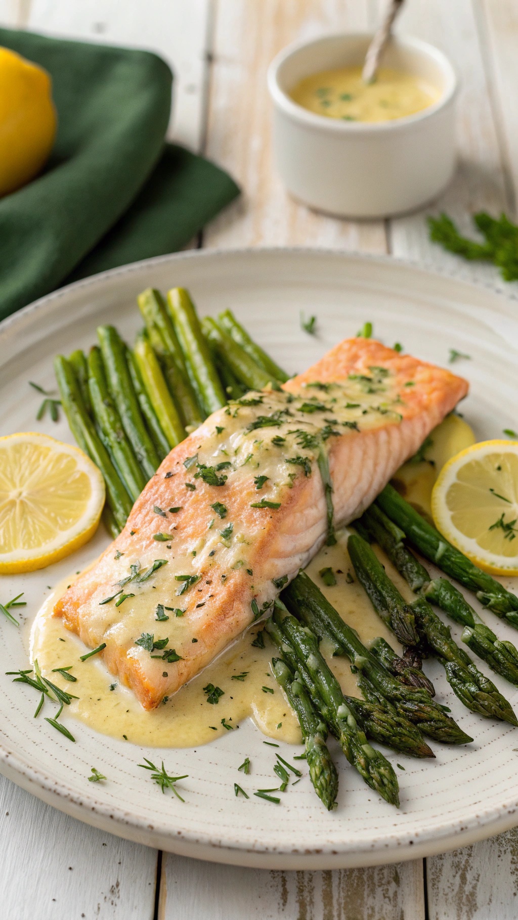 Baked salmon fillet with asparagus and lemon slices on a plate