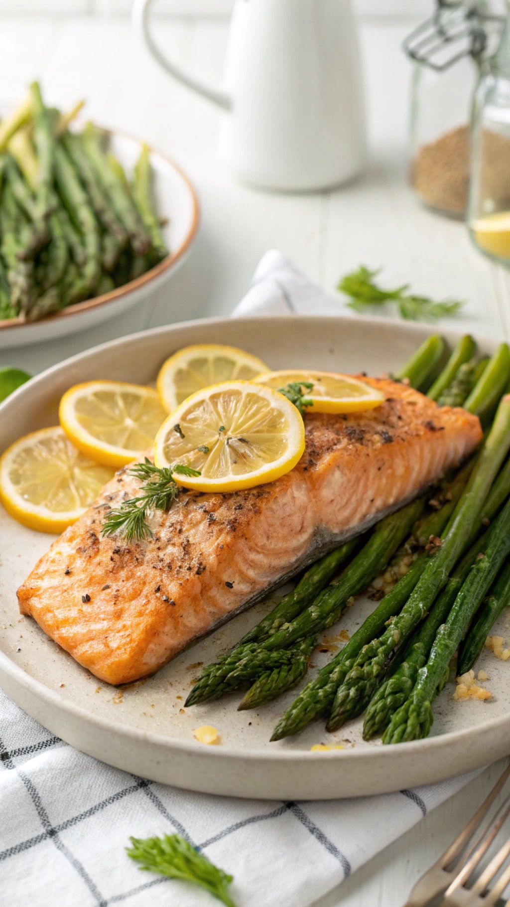 Baked salmon fillet with asparagus and lemon slices on a plate