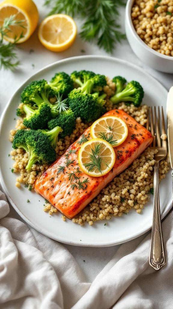 Baked salmon with dill, lemon slices, broccoli, and couscous on a plate.