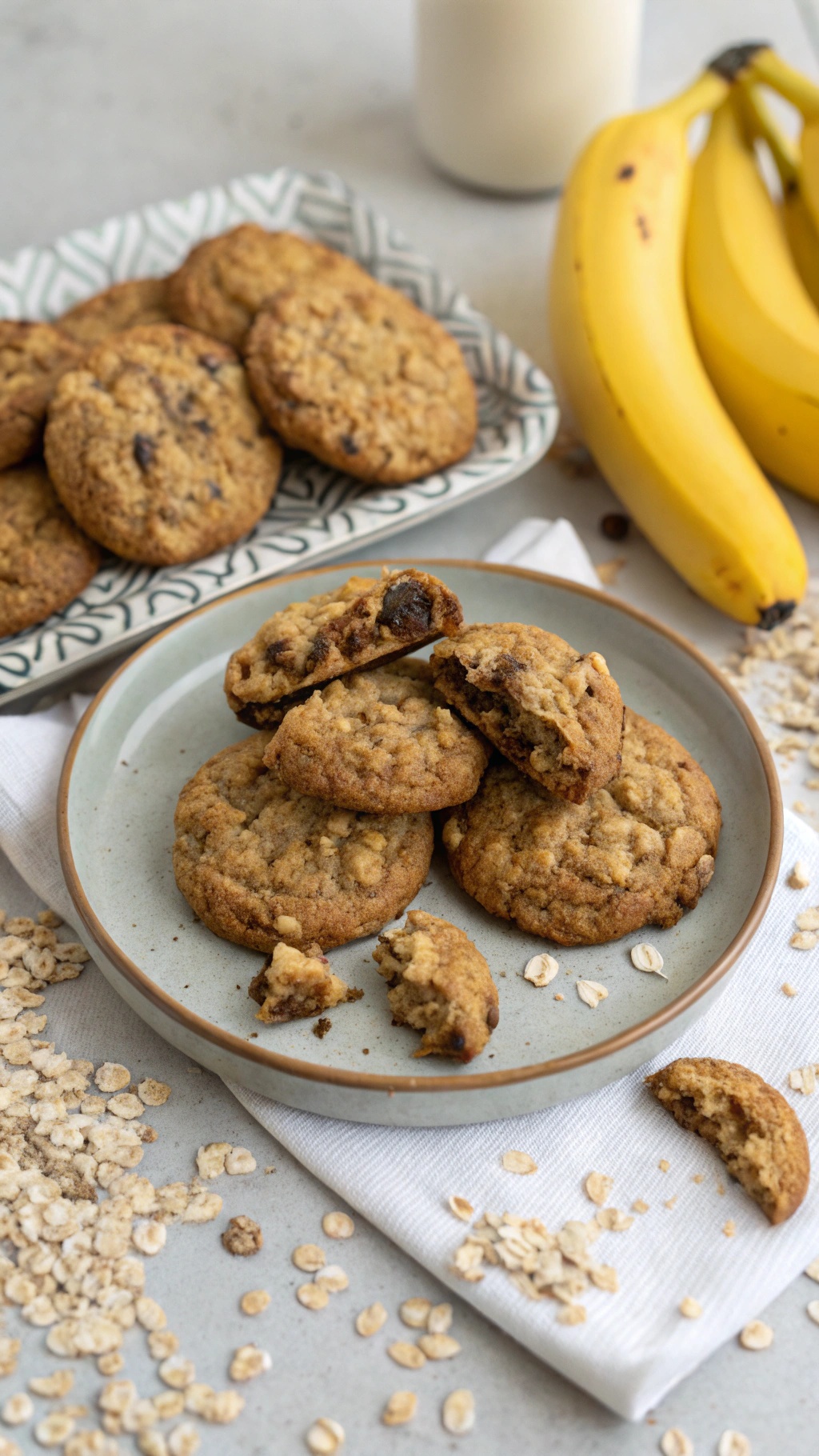 A plate of banana oatmeal cookies with a few bananas and oats scattered around.