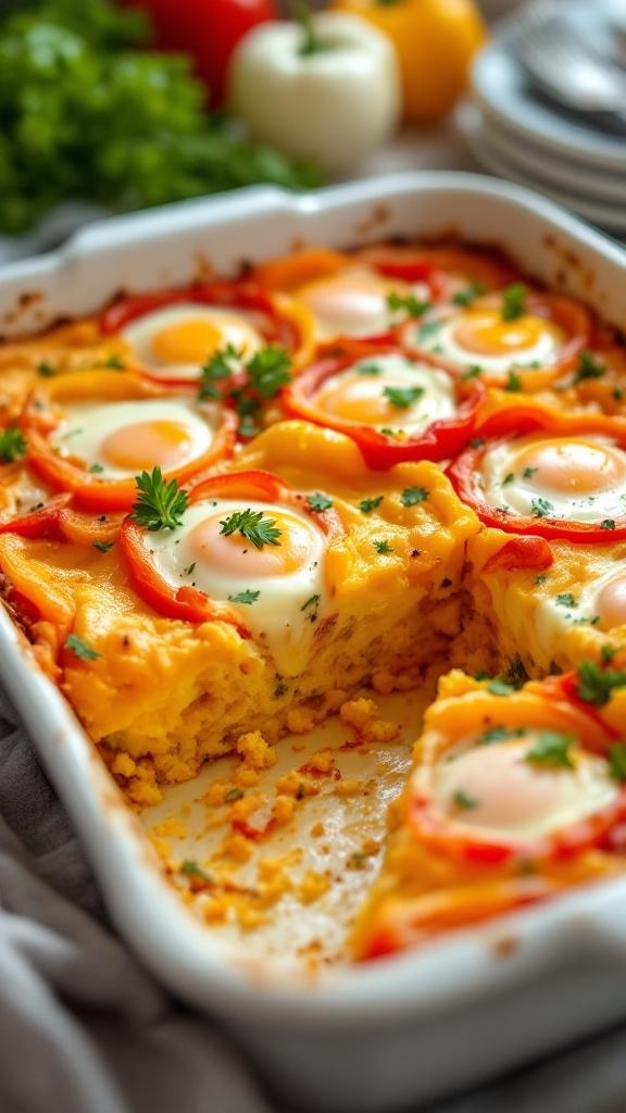 A colorful Bell Pepper and Egg Casserole with eggs baked in bell pepper rings, garnished with parsley.