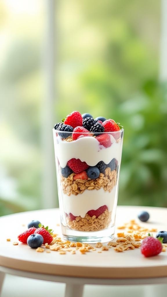 A berry parfait with layers of yogurt, granola, and fresh berries in a clear glass