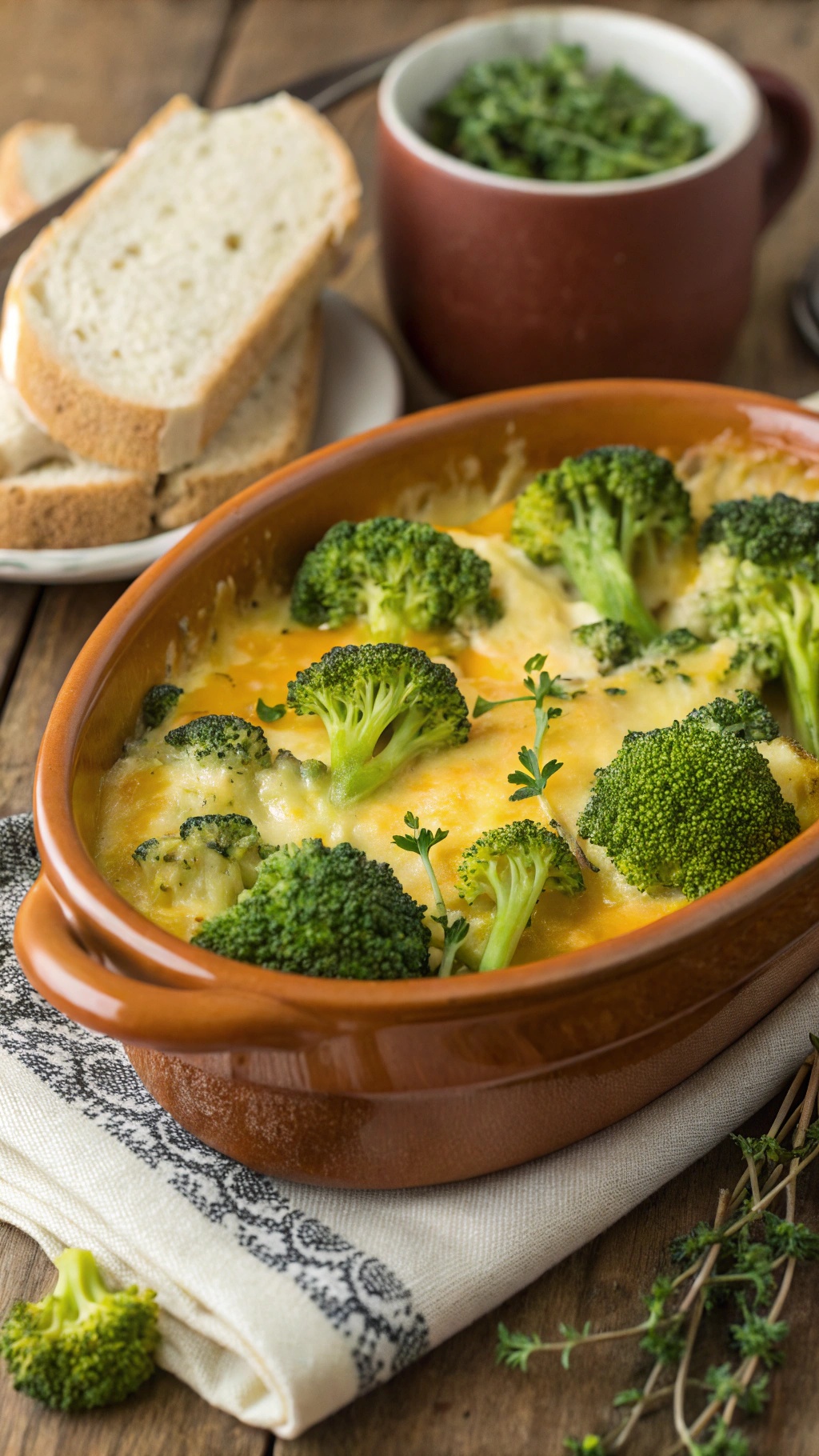 A delicious broccoli and cheese casserole in a baking dish, surrounded by slices of bread and herbs.