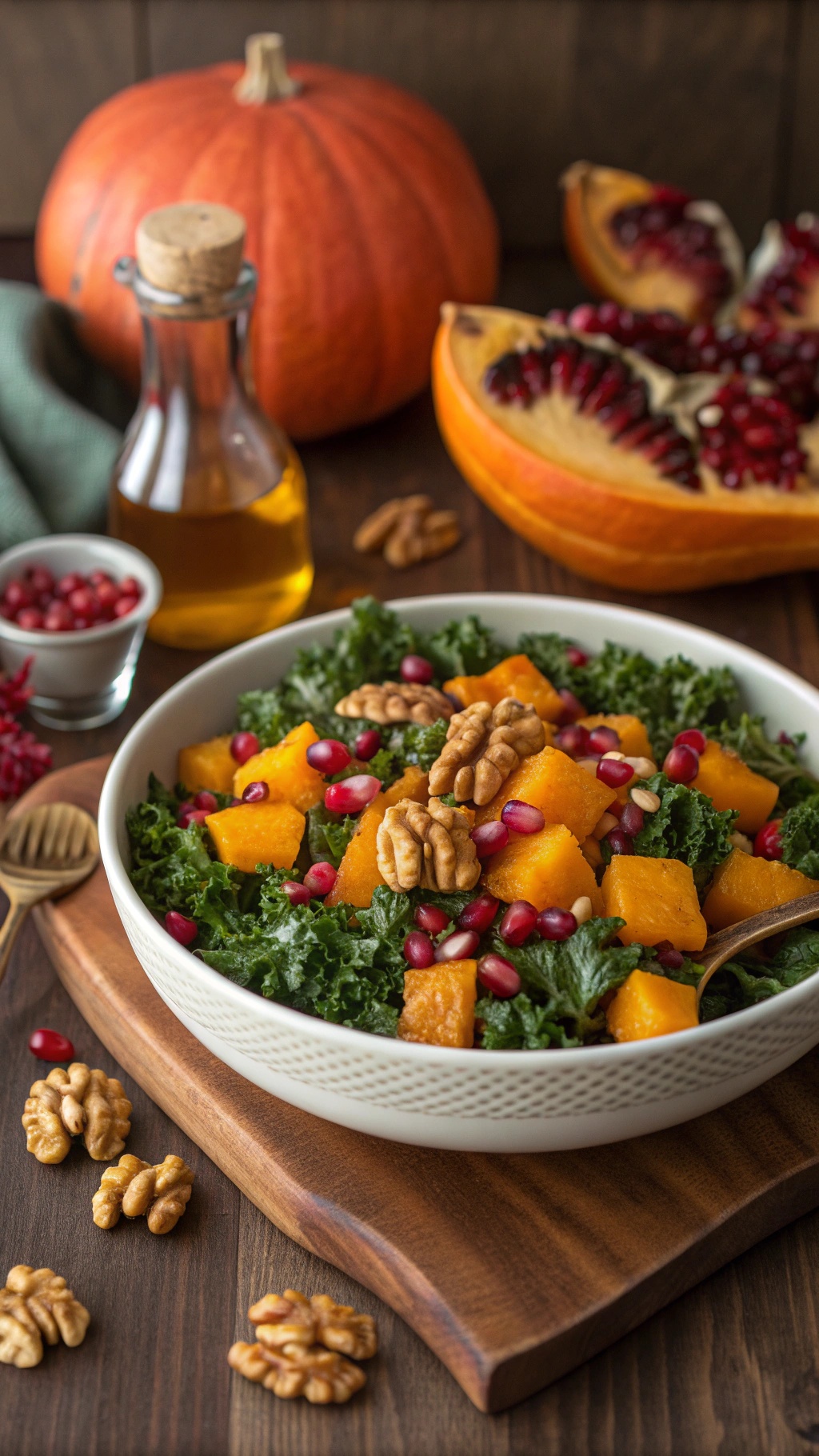 A colorful butternut squash and kale salad with pomegranate seeds and walnuts, served in a bowl.