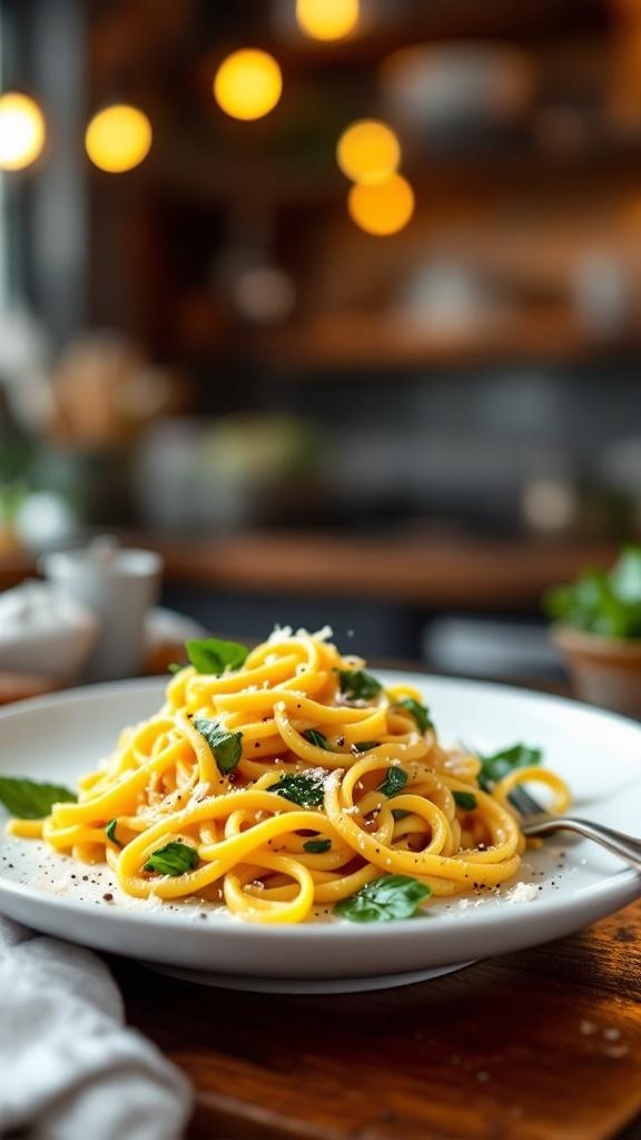 A plate of butternut squash and spinach pasta garnished with basil and cheese, set in a cozy kitchen atmosphere.
