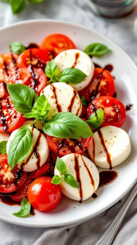 A colorful plate of Caprese salad with sliced tomatoes, mozzarella, and fresh basil drizzled with balsamic glaze.