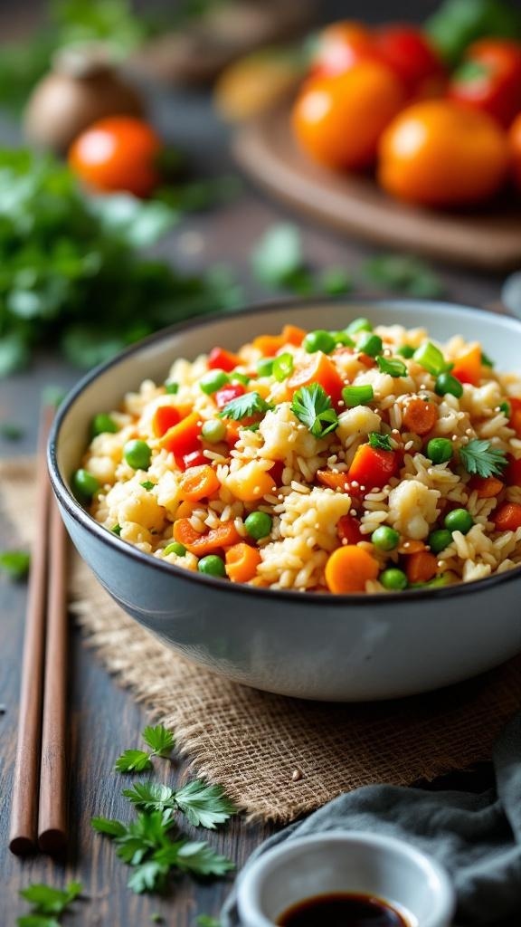 A bowl of colorful cauliflower rice stir-fry with mixed vegetables and garnished with herbs.