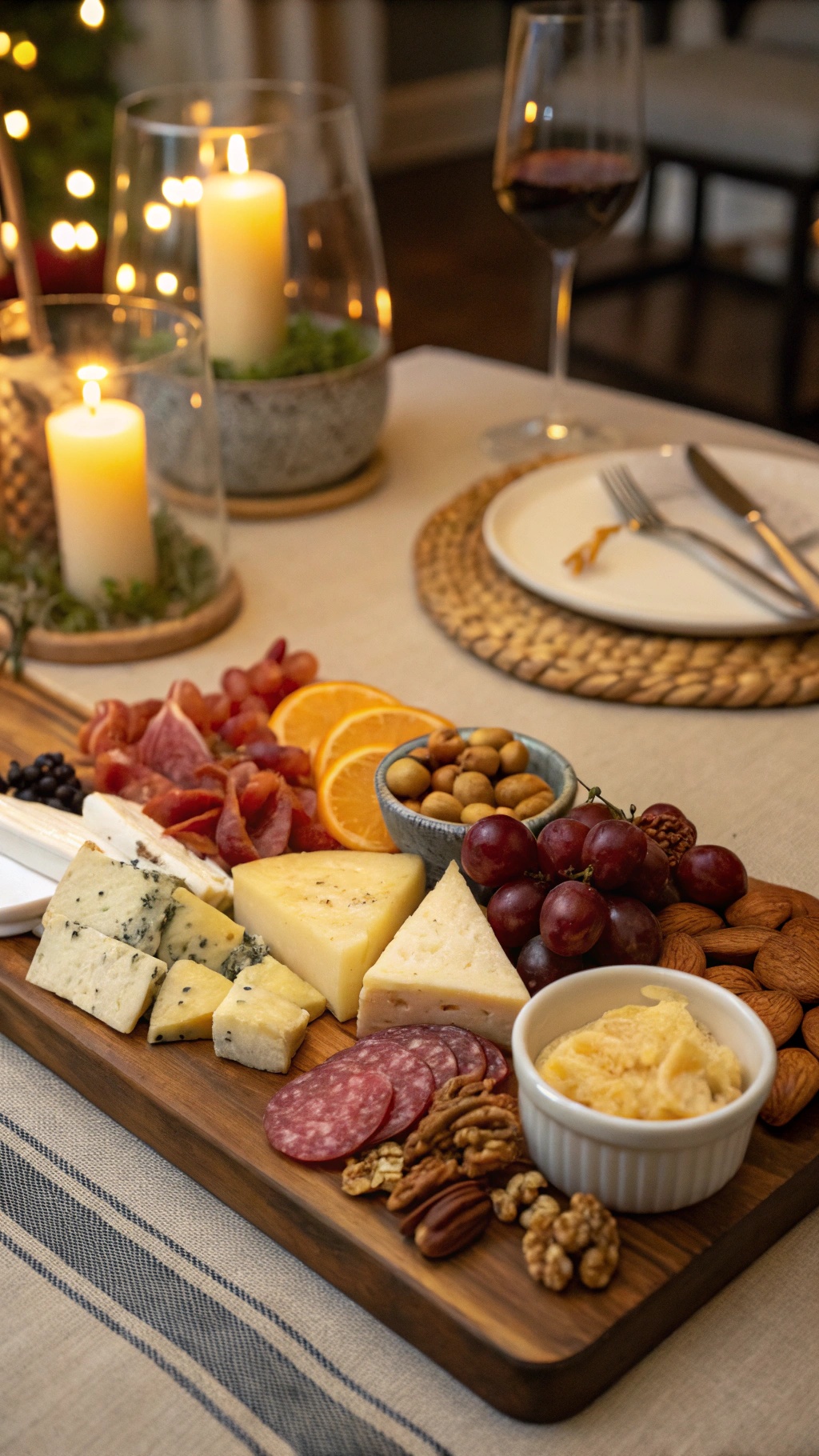 A beautifully arranged cheese and charcuterie board with various cheeses, meats, fruits, and nuts, perfect for a romantic evening.