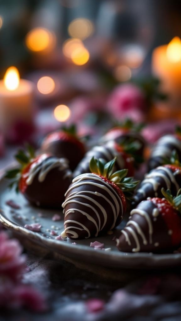 A plate of chocolate-covered strawberries with white chocolate drizzle, surrounded by candles and flowers.