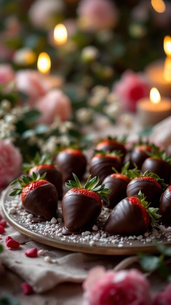 A plate of chocolate-covered strawberries surrounded by flowers and candles.