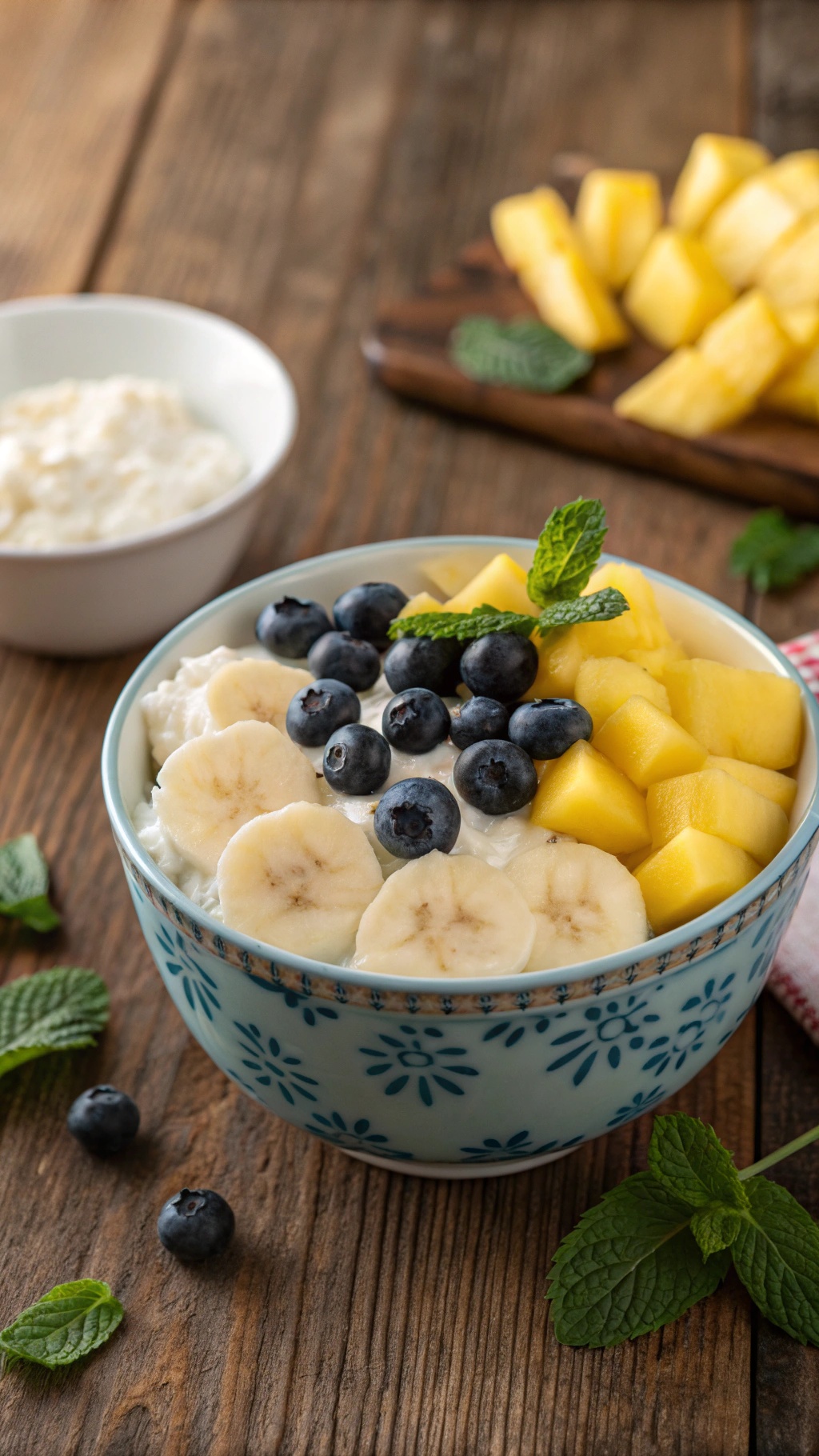 A colorful cottage cheese bowl topped with banana slices, blueberries, and mango, garnished with mint leaves.