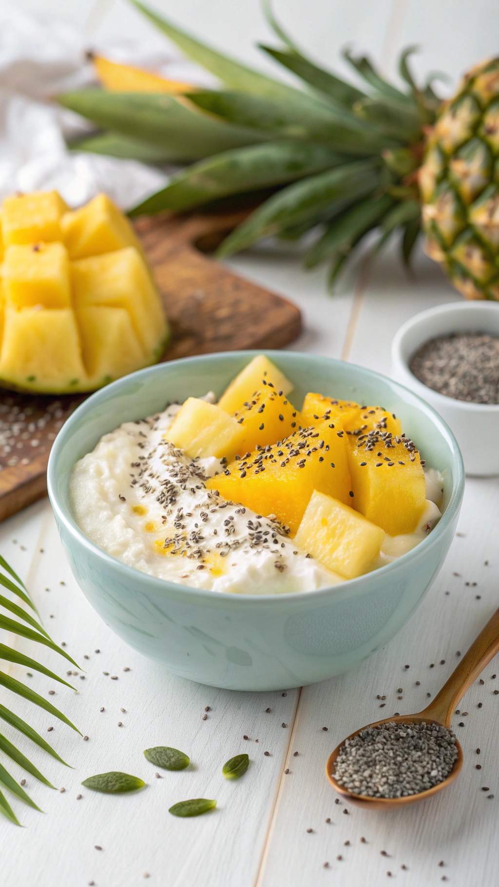 A bowl of cottage cheese topped with pineapple chunks and chia seeds, with a fresh pineapple in the background.