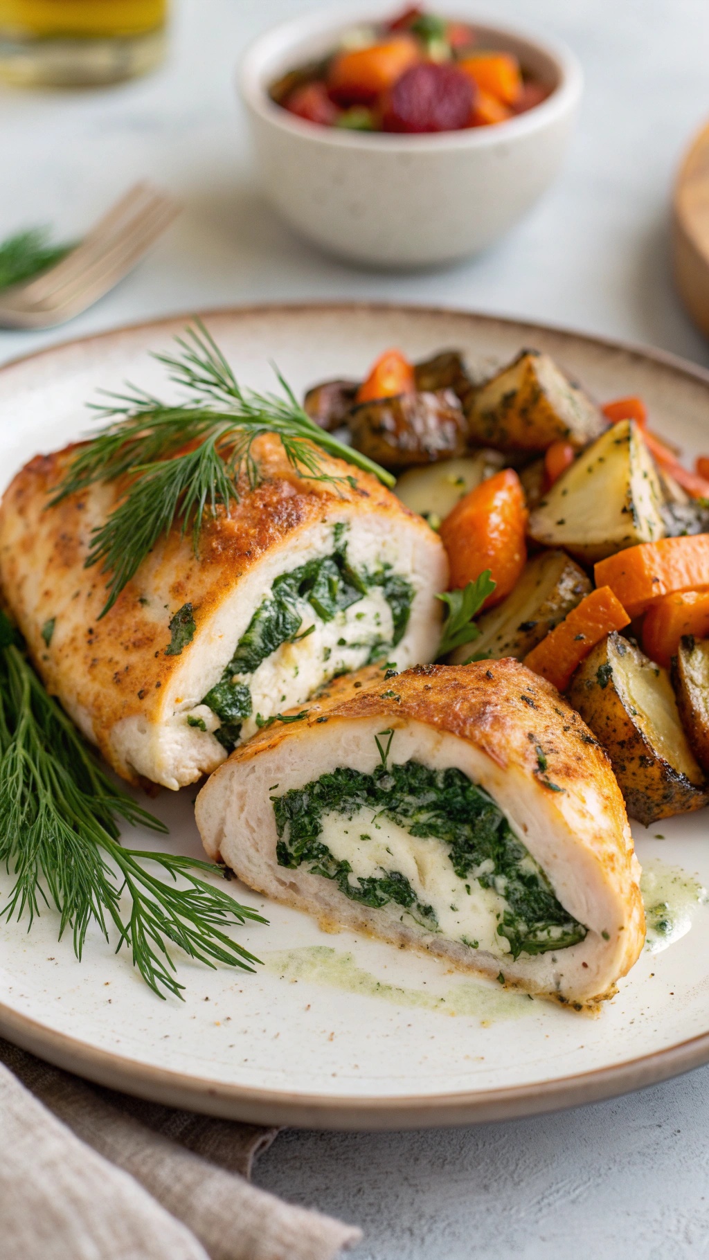 Creamy spinach and feta stuffed chicken with roasted vegetables on a plate.